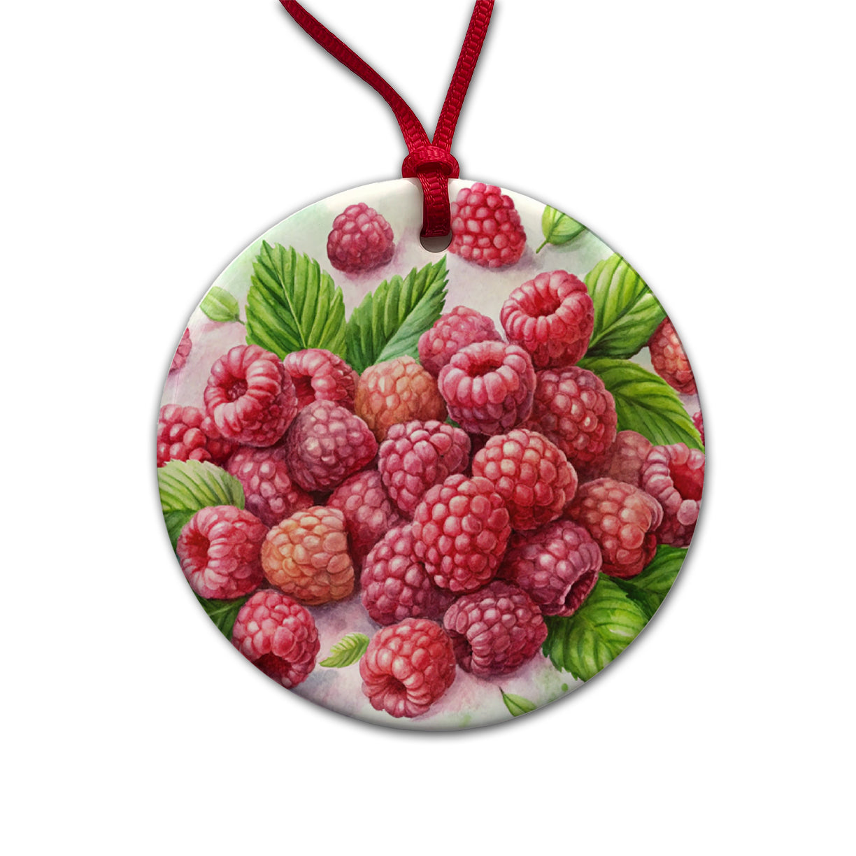 Raspberries Fruit Watercolor Round Ceramic Holiday Christmas Tree Ornament