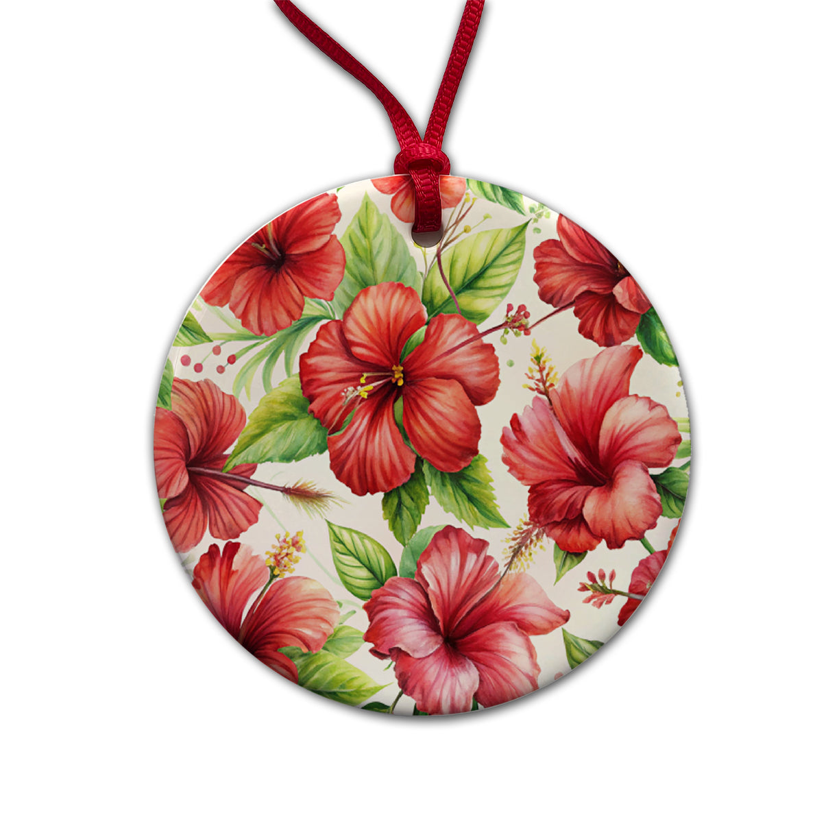 Red Hibiscus Flowers Watercolor Round Ceramic Holiday Christmas Tree Ornament