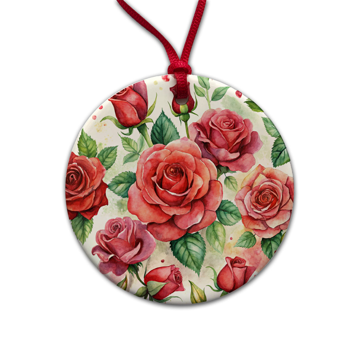 Red Roses Flowers Watercolor Round Ceramic Holiday Christmas Tree Ornament