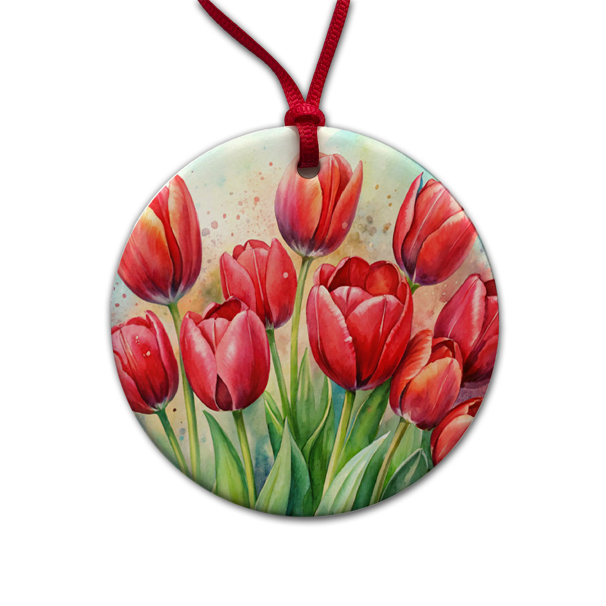 Red Tulips Flowers Watercolor Round Ceramic Holiday Christmas Tree Ornament