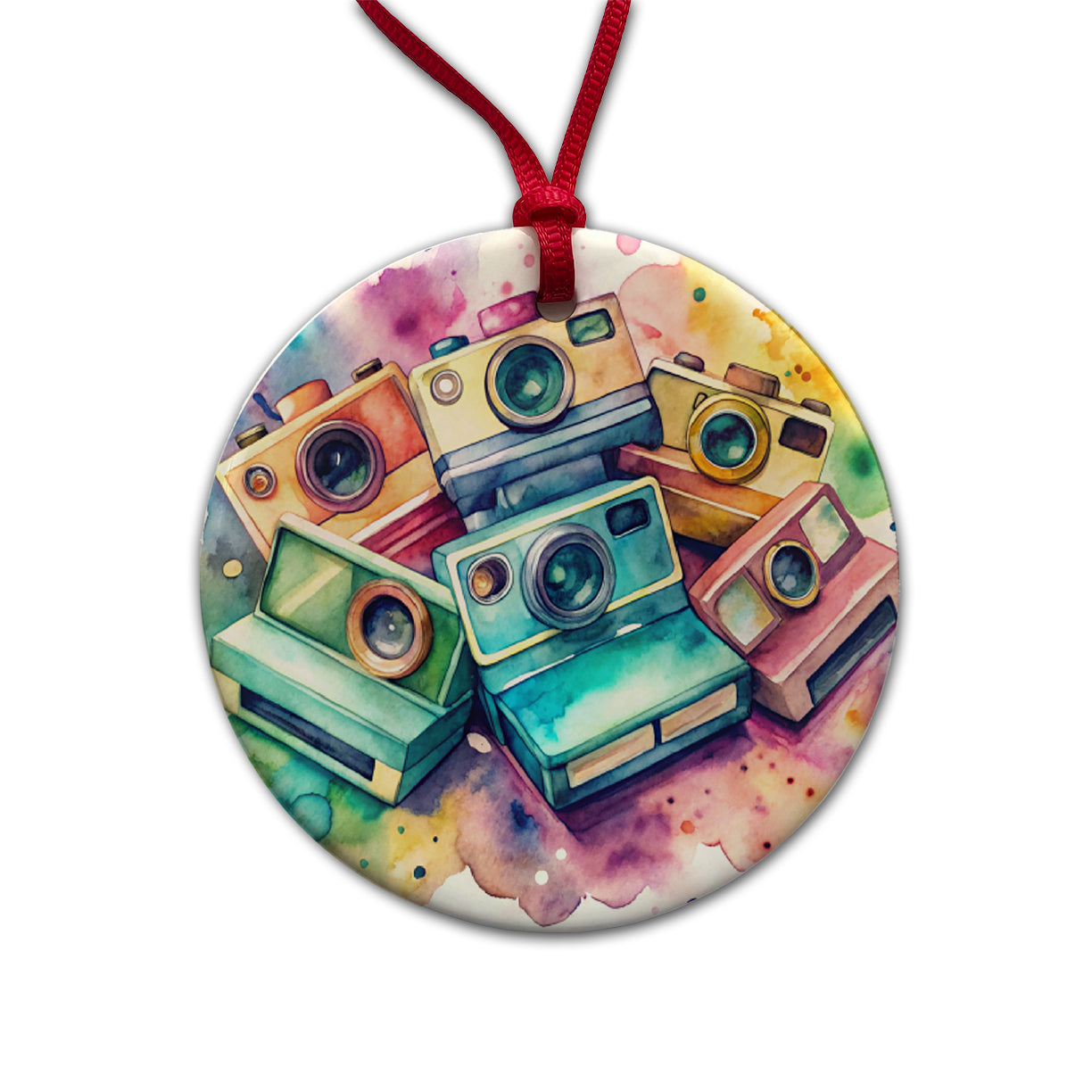 Retro Instant Cameras Photographer Watercolor Round Ceramic Holiday Christmas Tree Ornament