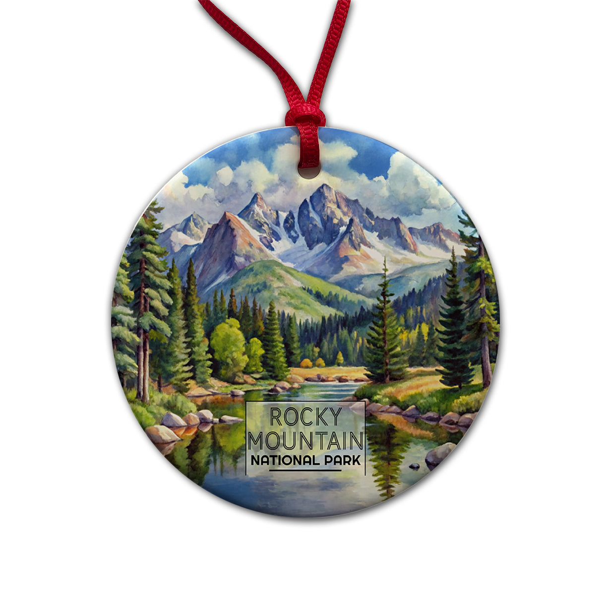Rocky Mountain National Park Colorado Watercolor Round Ceramic Holiday Christmas Tree Ornament