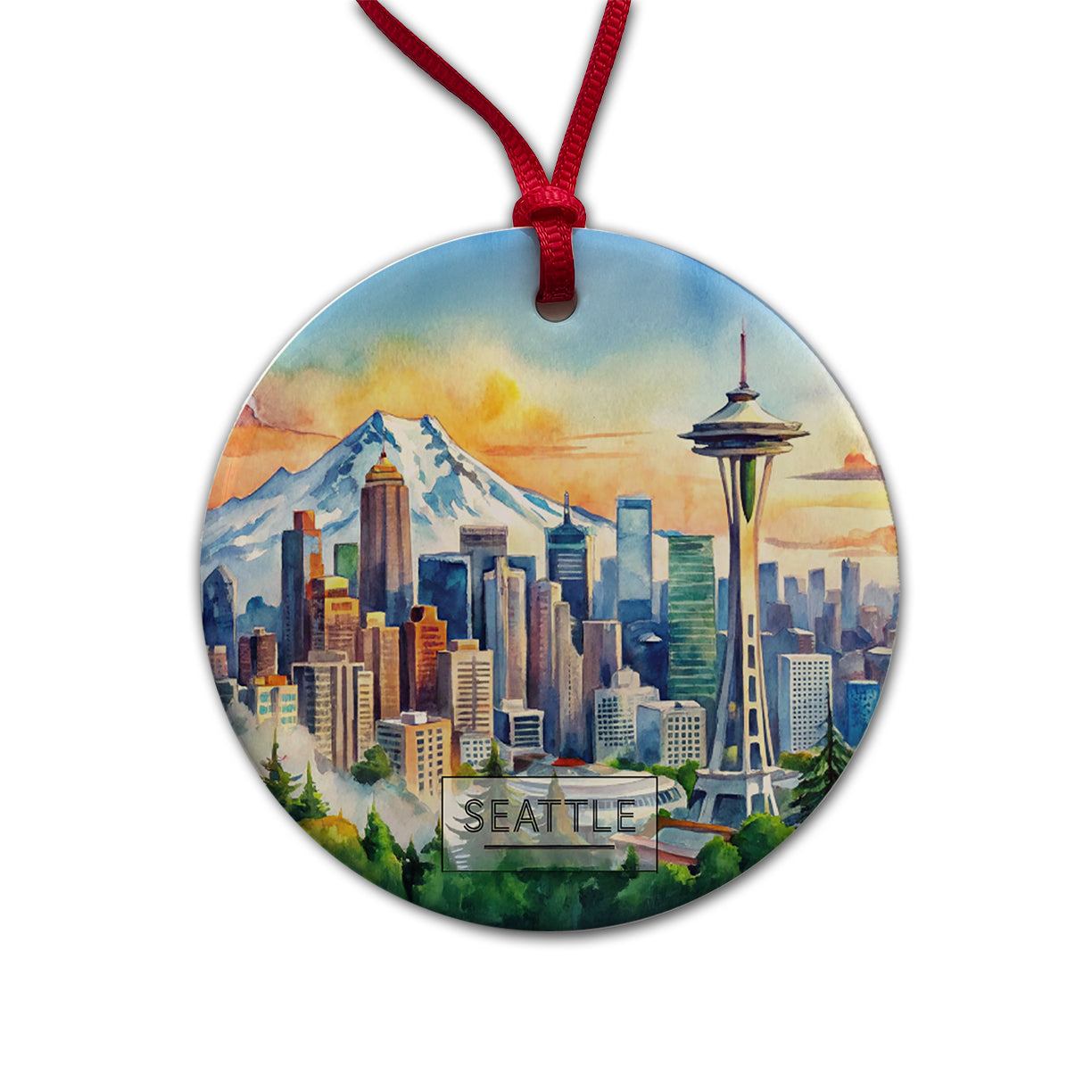 Seattle Washington Space Needle Travel City Watercolor Round Ceramic Holiday Christmas Tree Ornament