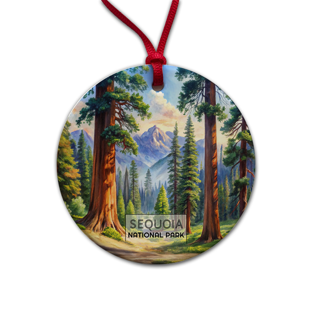 Sequoia National Park California Watercolor Round Ceramic Holiday Christmas Tree Ornament