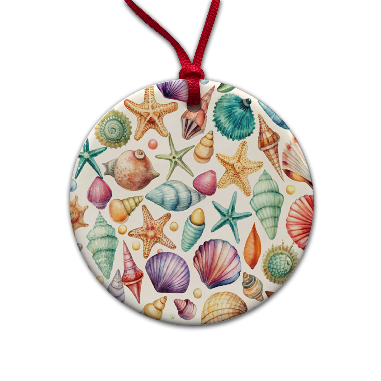 Shells Scattered Beach Round Ceramic Holiday Christmas Tree Ornament
