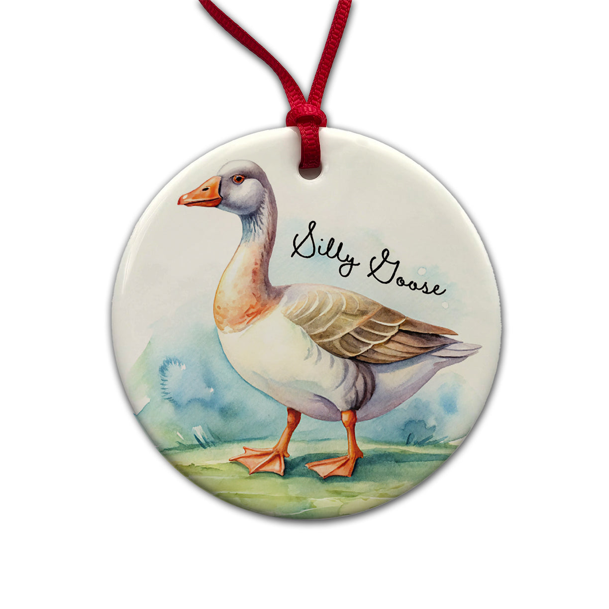 Silly Goose Funny Watercolor Round Ceramic Holiday Christmas Tree Ornament