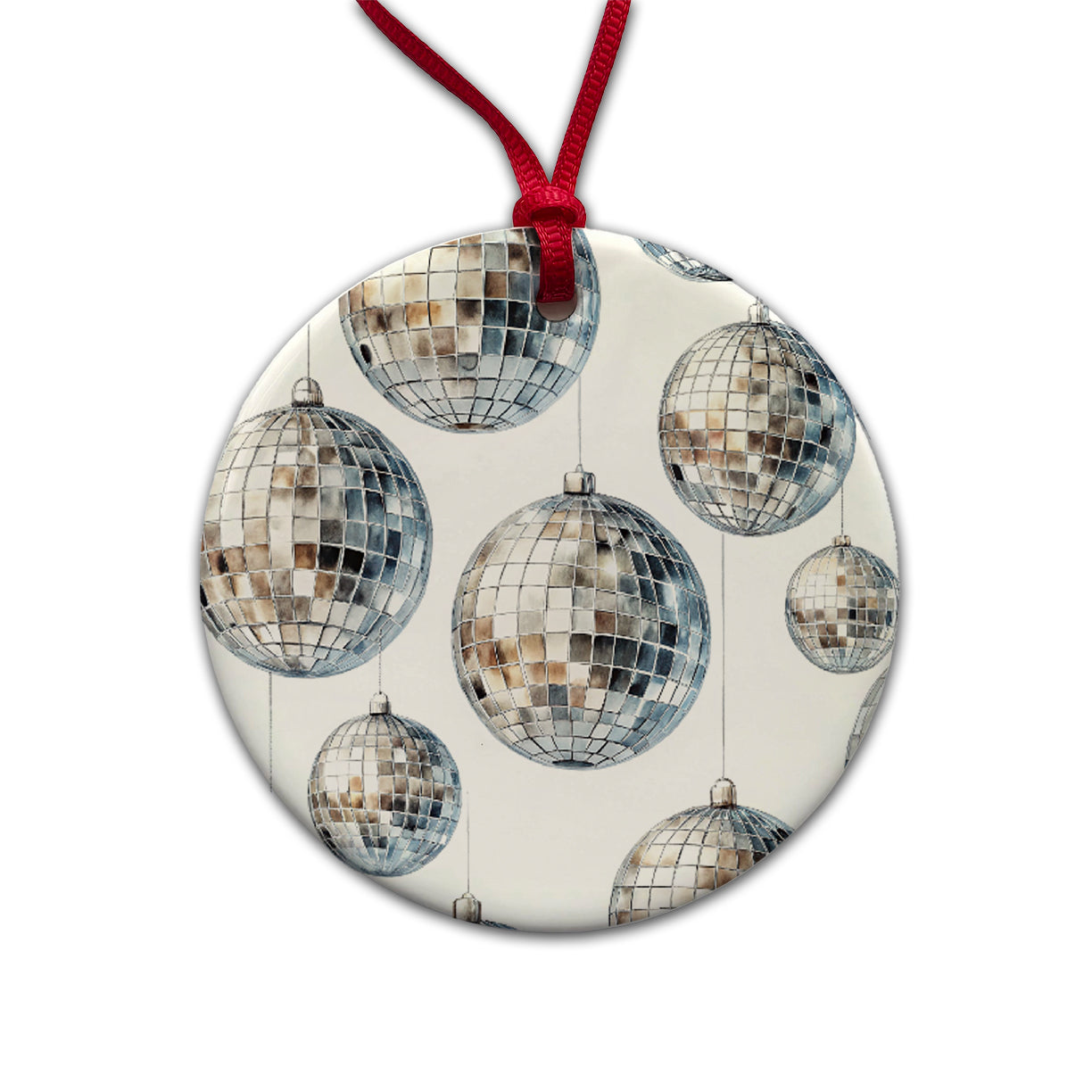 Silver Disco Balls Watercolor Round Ceramic Holiday Christmas Tree Ornament