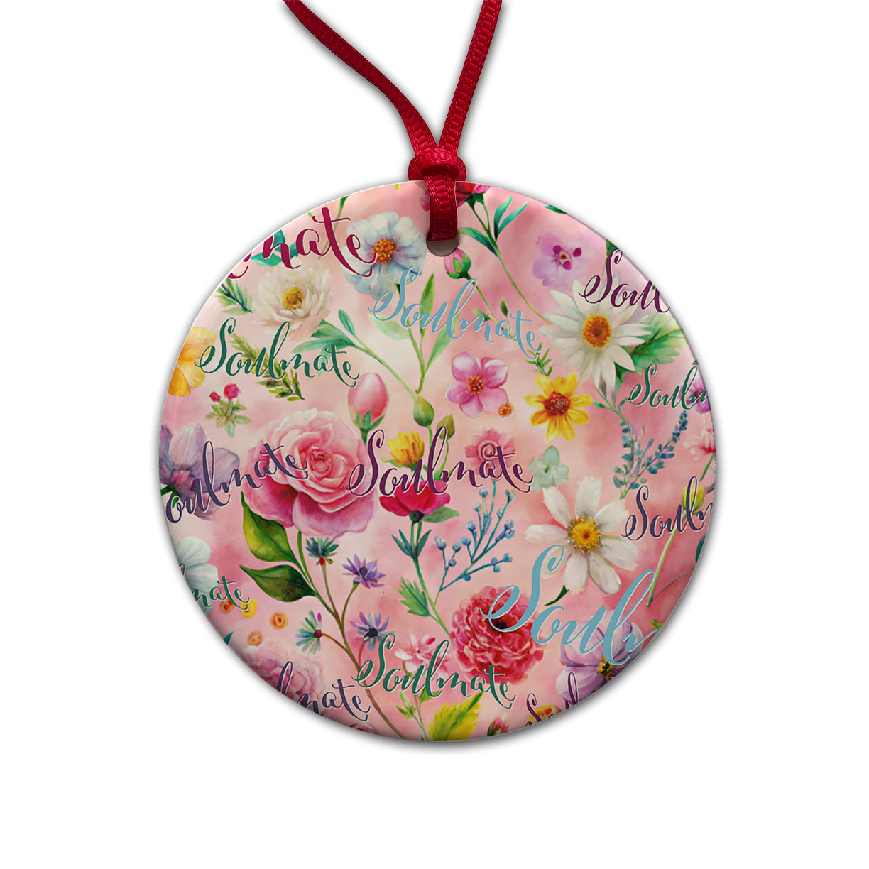 Soulmate Love Wedding Anniversary Flowers Pink Background Round Ceramic Holiday Christmas Tree Ornament