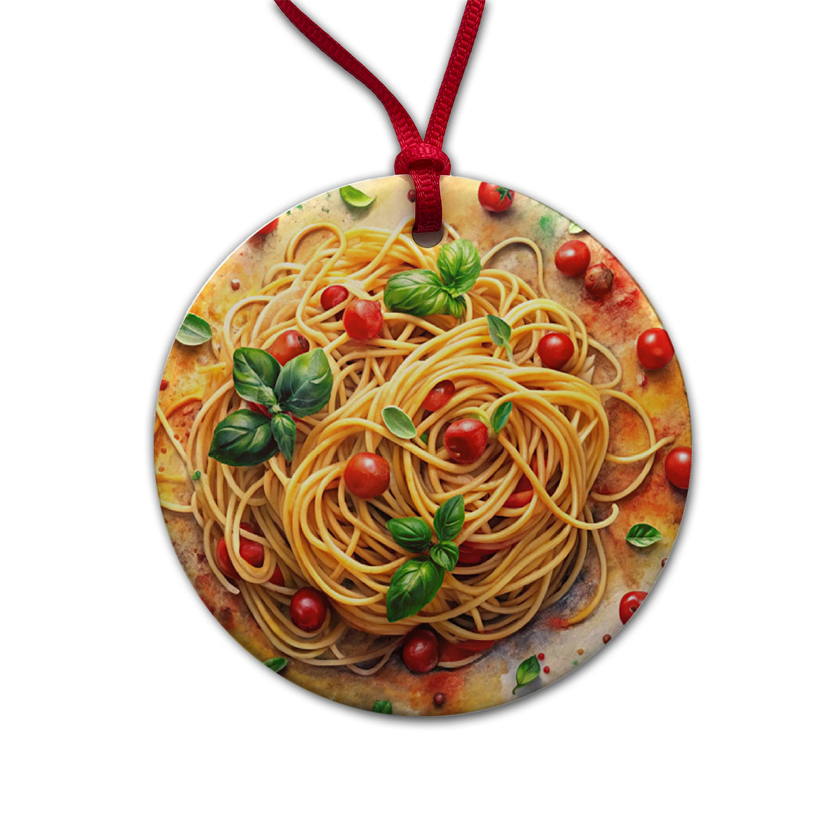 Spaghetti Pasta Italian Food Watercolor Round Ceramic Holiday Christmas Tree Ornament