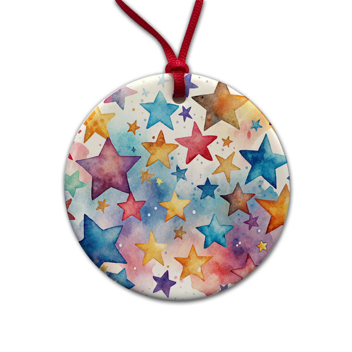 Stars Watercolor Round Ceramic Holiday Christmas Tree Ornament