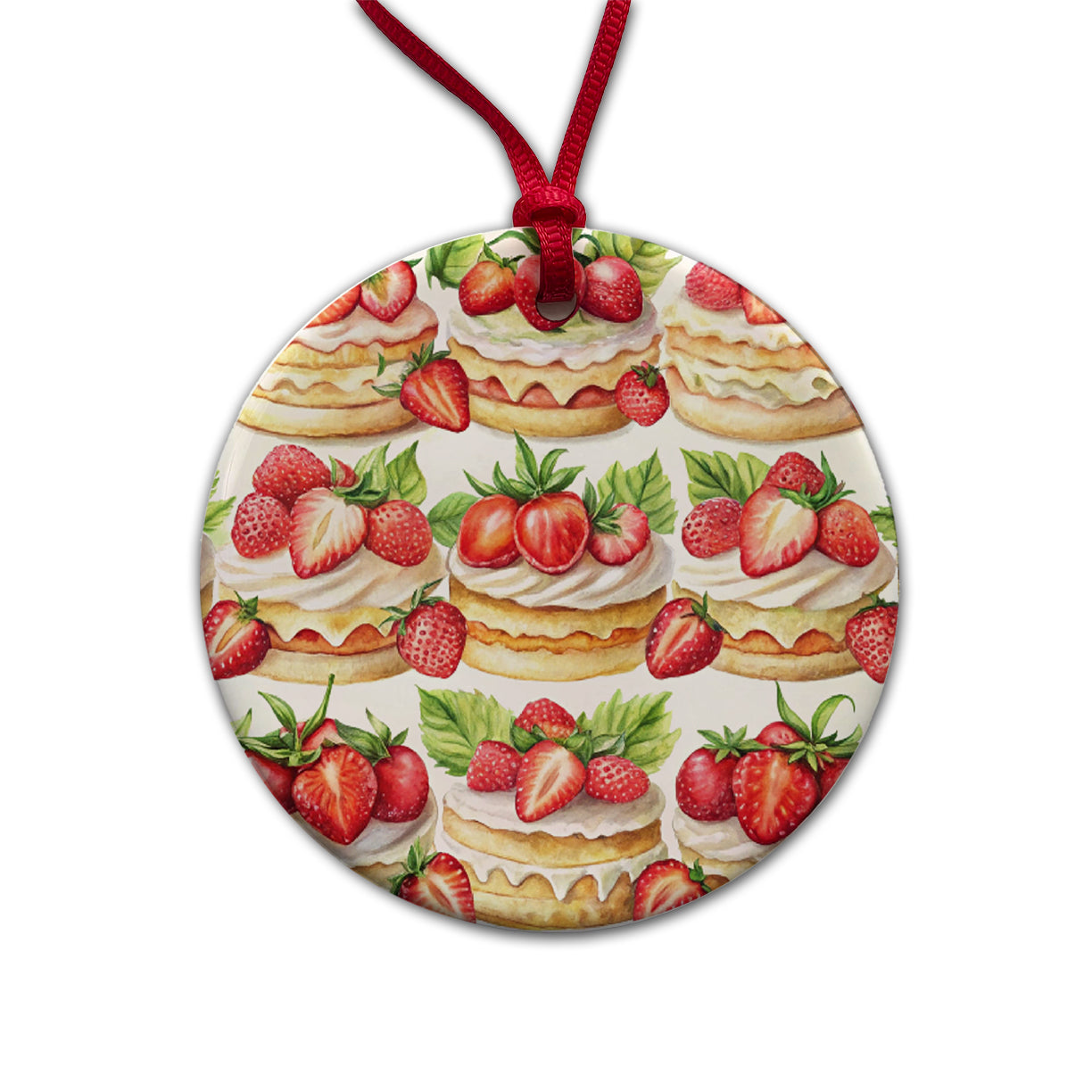Strawberry Shortcake In A Row Round Ceramic Holiday Christmas Tree Ornament