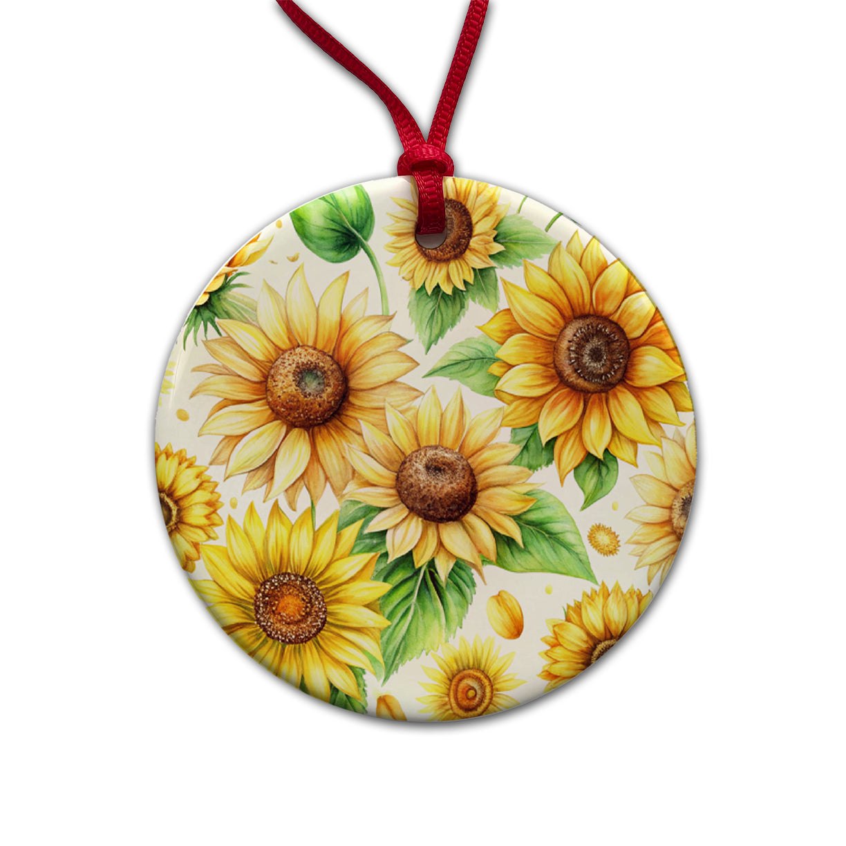 Sunflowers Scattered Watercolor Round Ceramic Holiday Christmas Tree Ornament