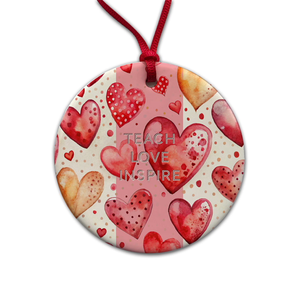 Teach Love Inspire Red Hearts Teacher Appreciation Round Ceramic Holiday Christmas Tree Ornament