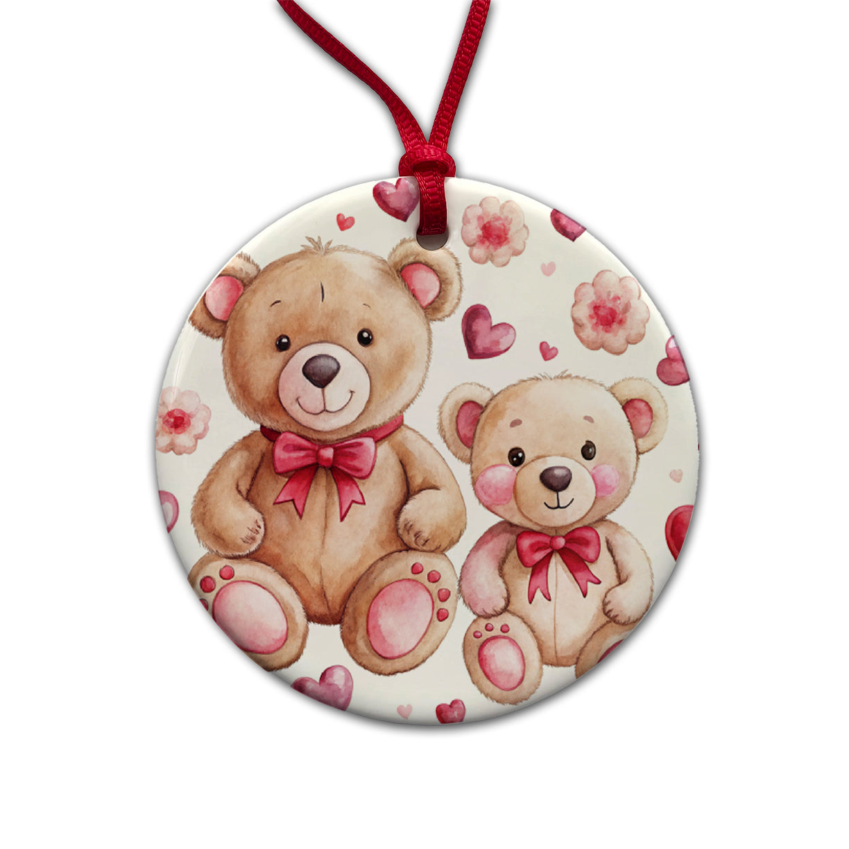Teddy Bears Pink Red Hearts Round Ceramic Holiday Christmas Tree Ornament