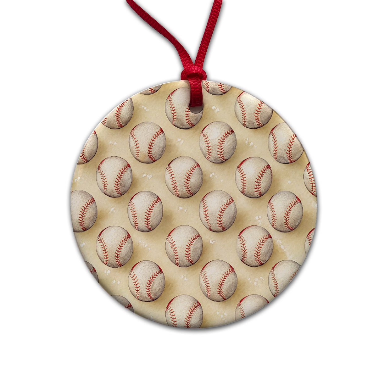 Tiny White Softballs In A Row Round Ceramic Holiday Christmas Tree Ornament