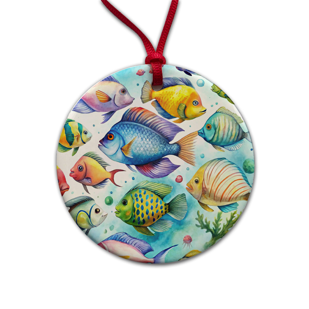 Tropical Fish Swimming Ocean Round Ceramic Holiday Christmas Tree Ornament