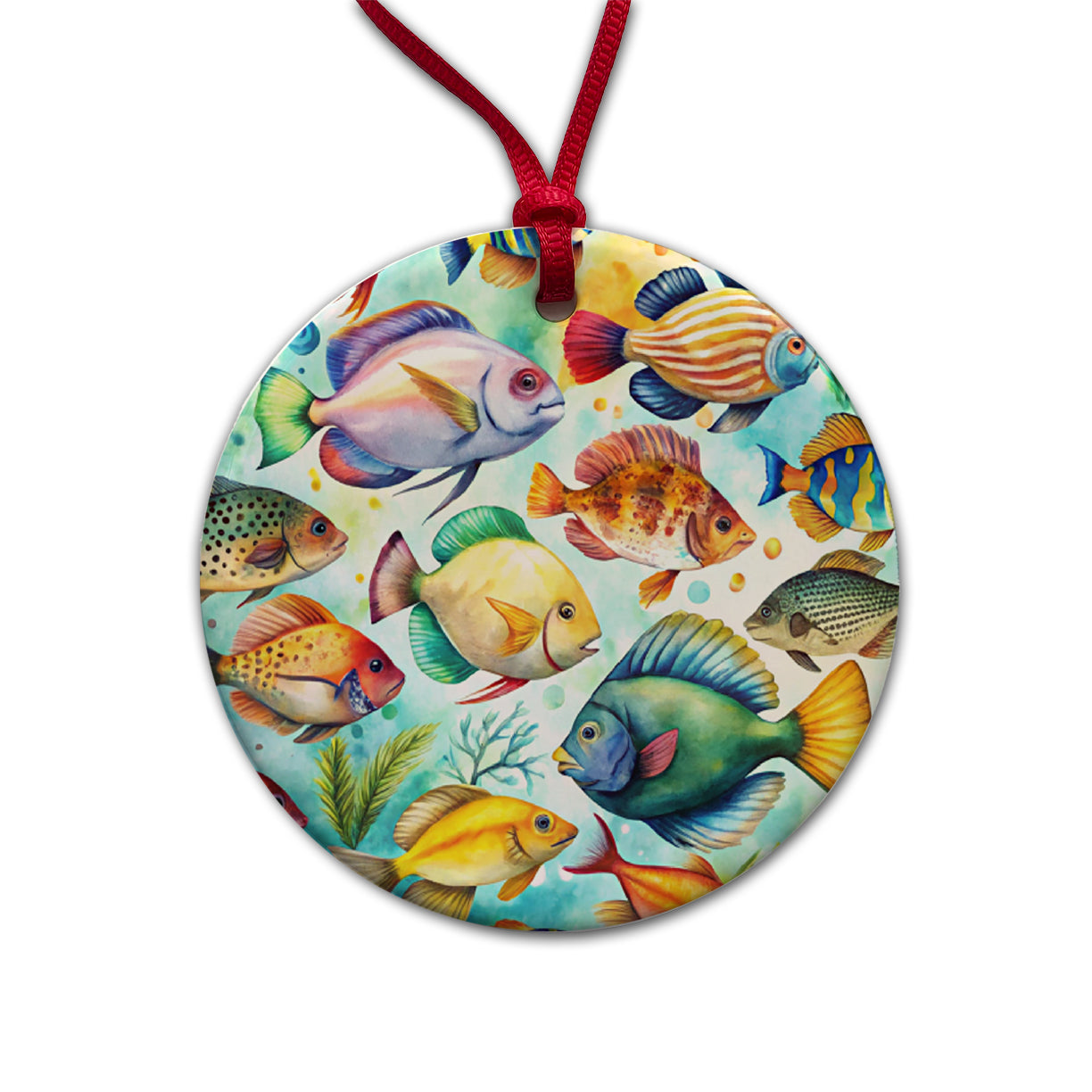 Tropical Fish Watercolor Round Ceramic Holiday Christmas Tree Ornament