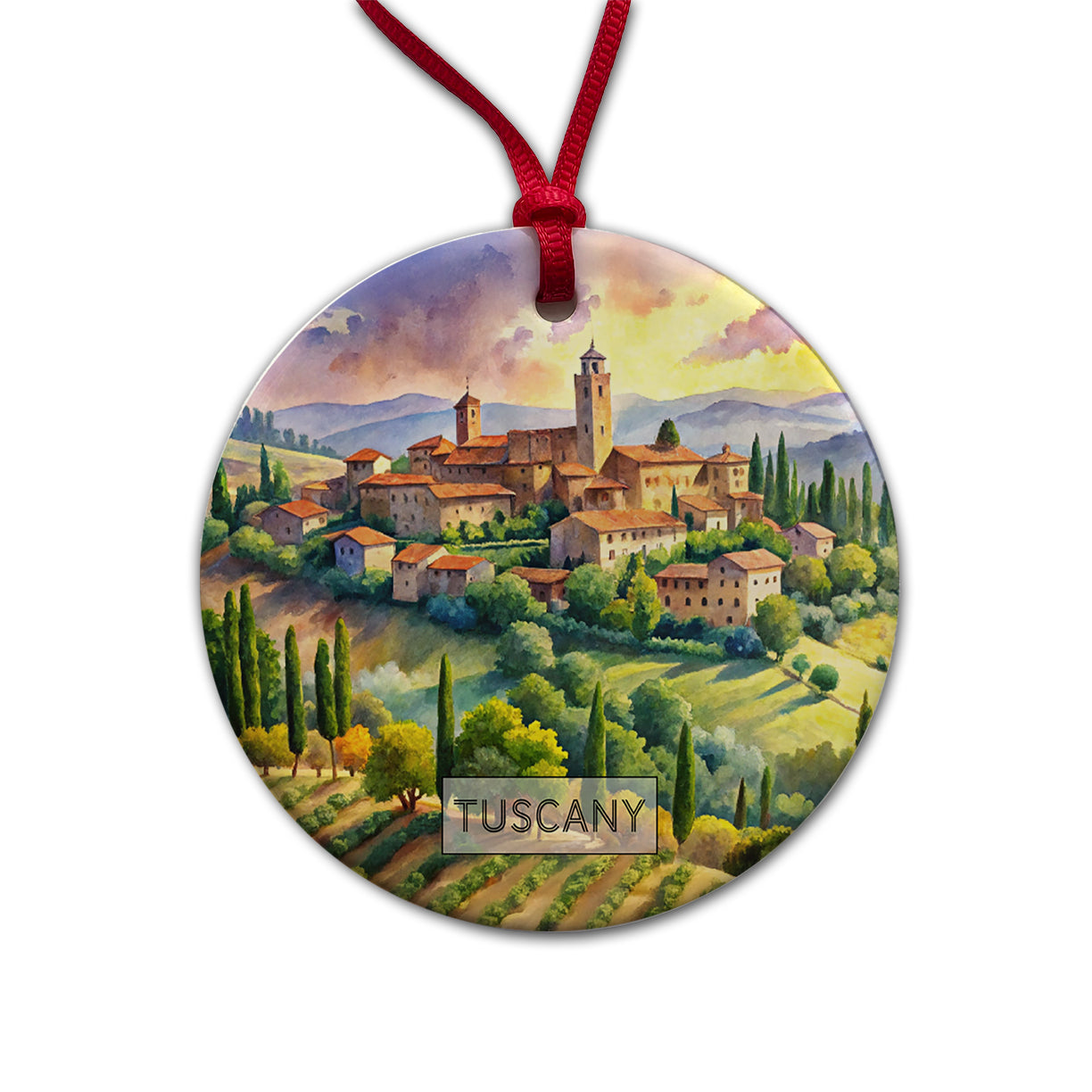 Tuscany Italy Travel City Watercolor Round Ceramic Holiday Christmas Tree Ornament