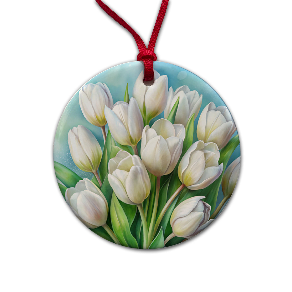 White Tulips Flowers Watercolor Round Ceramic Holiday Christmas Tree Ornament