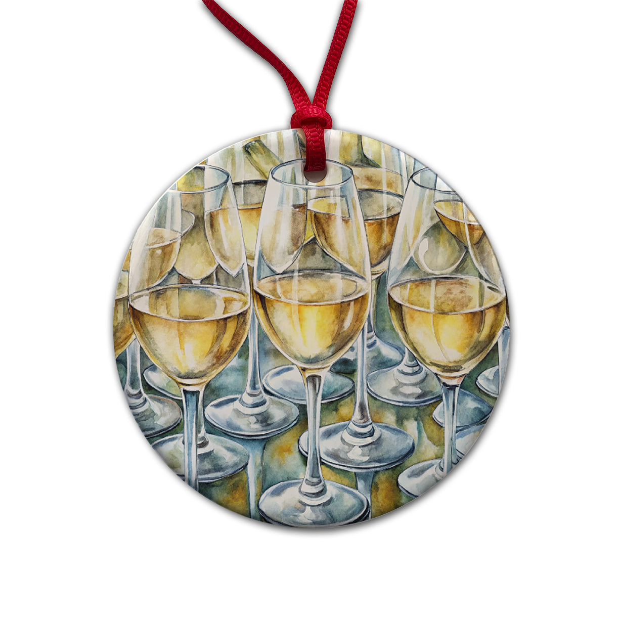 White Wine Glasses Chardonnay Round Ceramic Holiday Christmas Tree Ornament