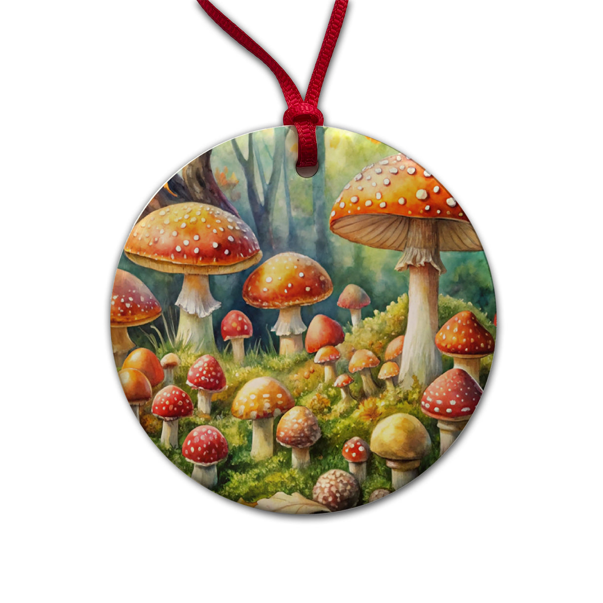 Woodland Mushrooms Watercolor Round Ceramic Holiday Christmas Tree Ornament