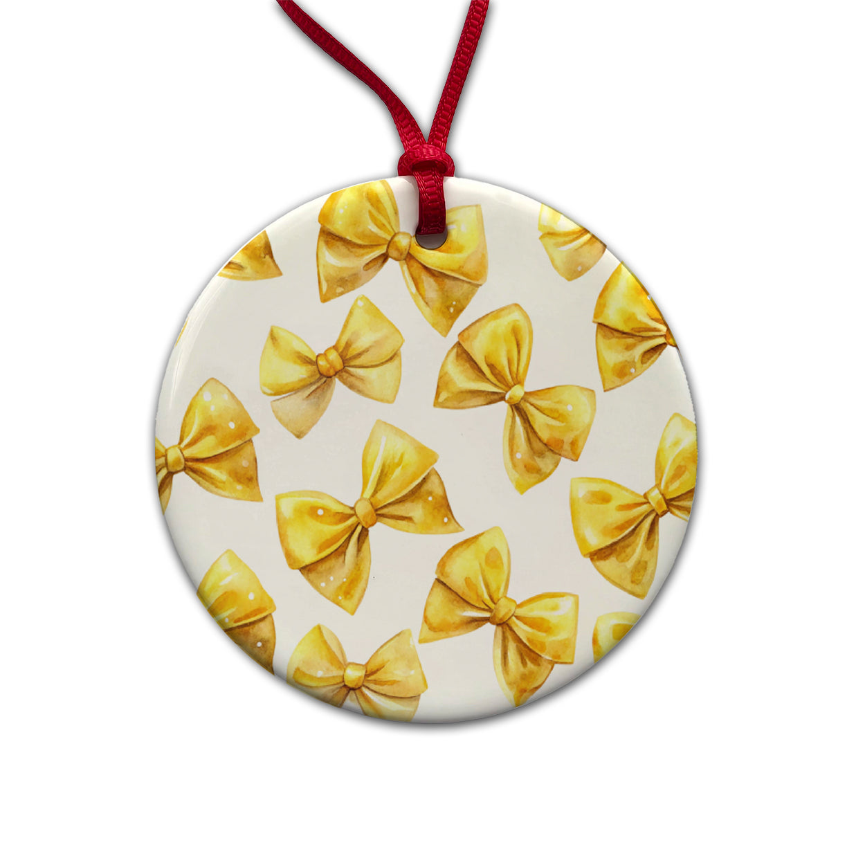 Yellow Coquette Bows Watercolor Round Ceramic Holiday Christmas Tree Ornament