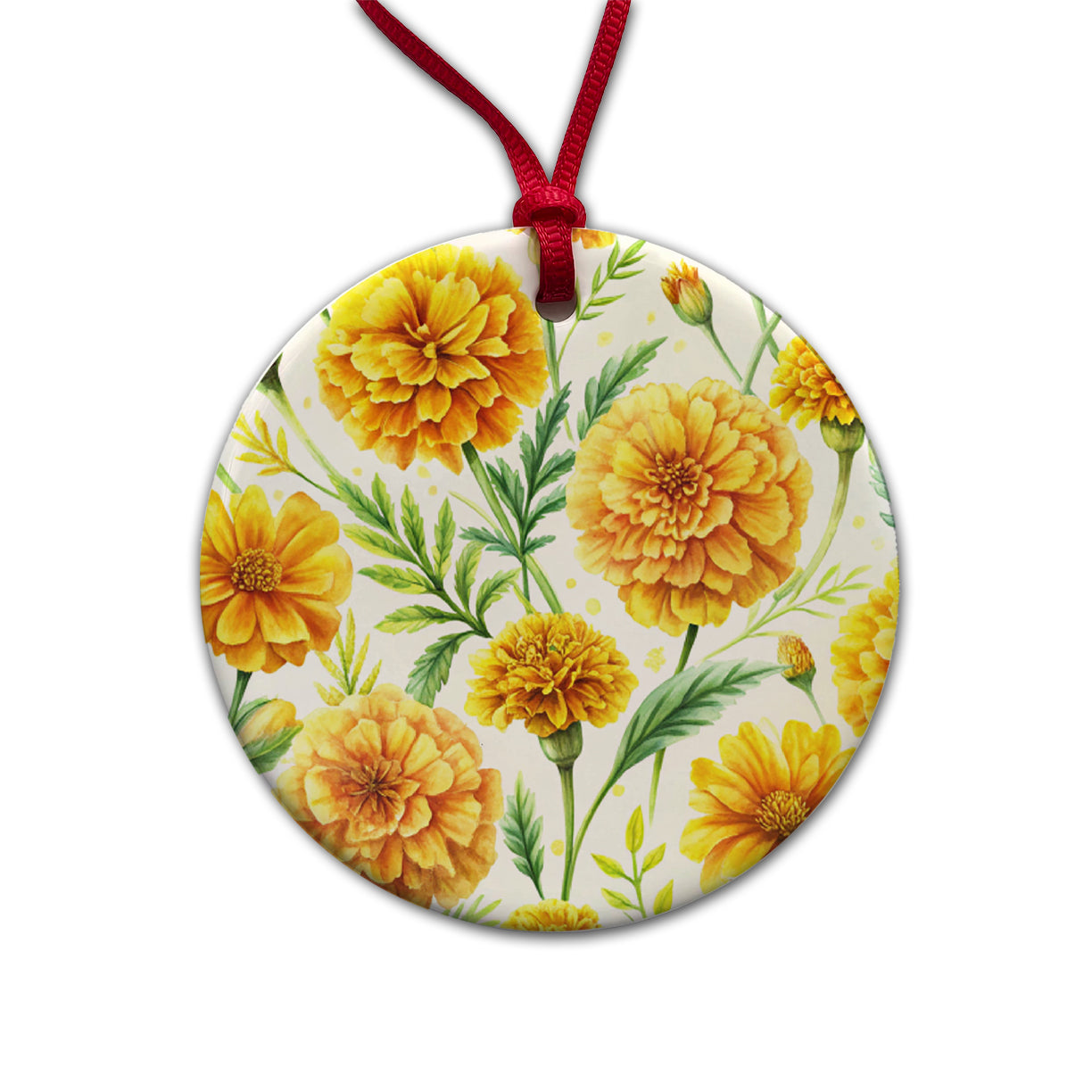 Yellow Marigolds Flowers Watercolor Round Ceramic Holiday Christmas Tree Ornament