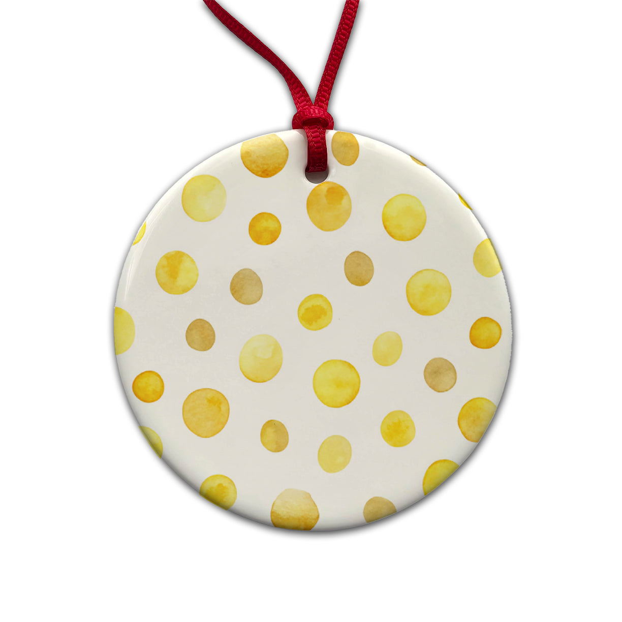 Yellow Polka Dots Fun White Background Round Ceramic Holiday Christmas Tree Ornament