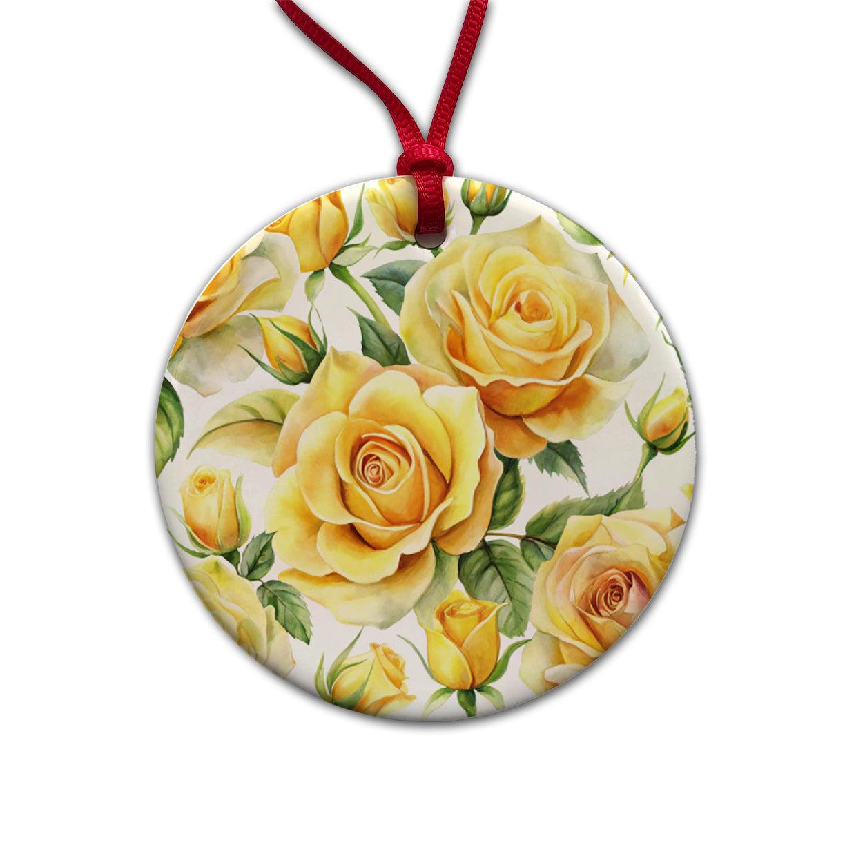 Yellow Roses Flowers Watercolor Round Ceramic Holiday Christmas Tree Ornament