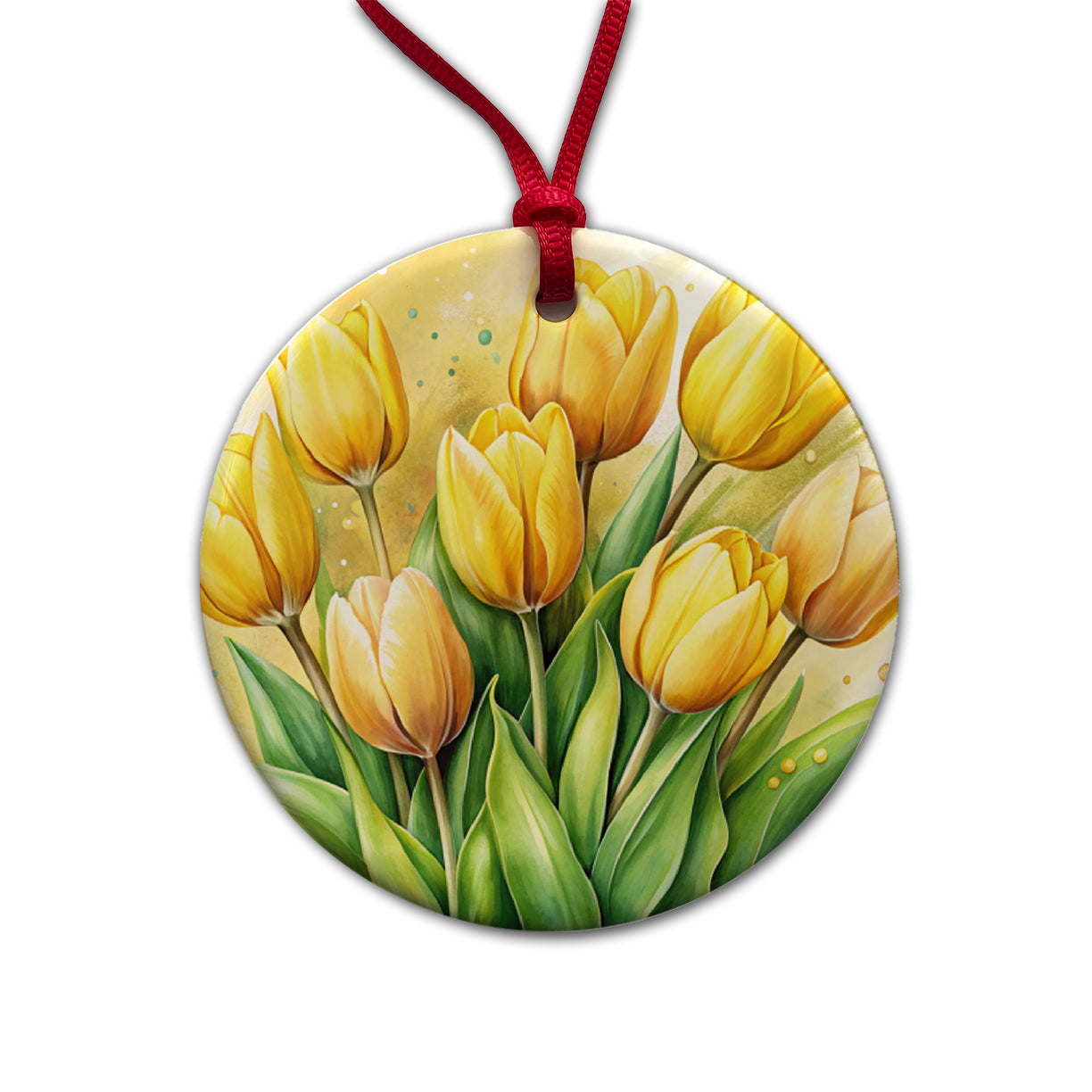 Yellow Tulips Flowers Watercolor Round Ceramic Holiday Christmas Tree Ornament