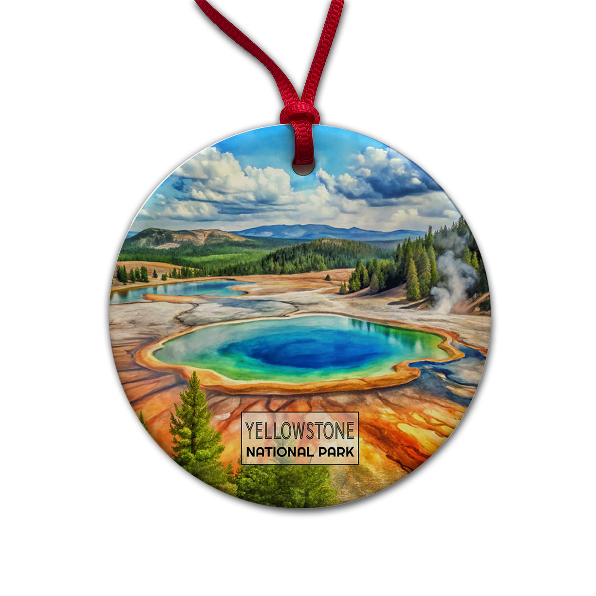Yellowstone National Park Wyoming Montana Watercolor Round Ceramic Holiday Christmas Tree Ornament
