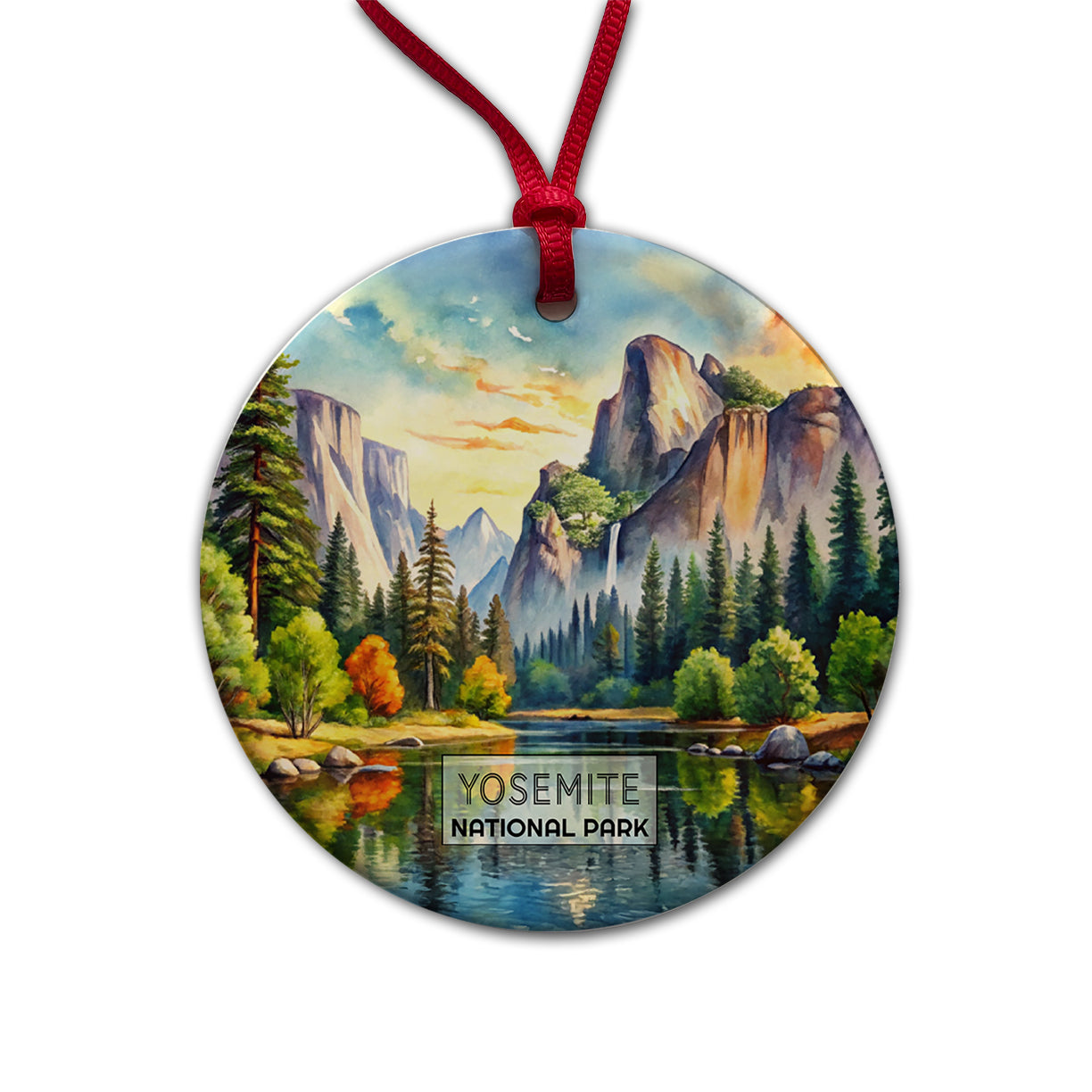 Yosemite National Park California Watercolor Round Ceramic Holiday Christmas Tree Ornament