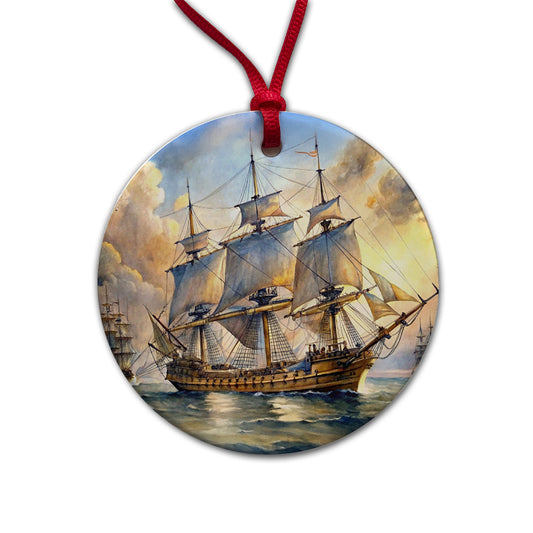 18th Century Sailing War Ship Of The Line Watercolor Round Ceramic Holiday Christmas Tree Ornament