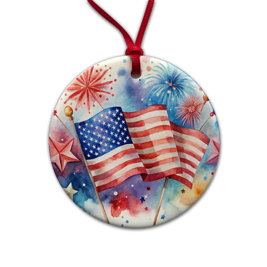 4th Of July Patriotic Independence Day Watercolor Round Ceramic Holiday Christmas Tree Ornament
