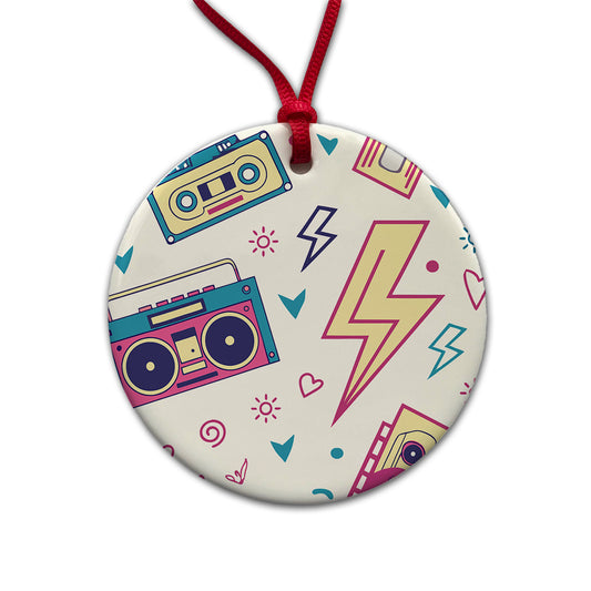 80's Eighties Theme Style Round Ceramic Holiday Christmas Tree Ornament
