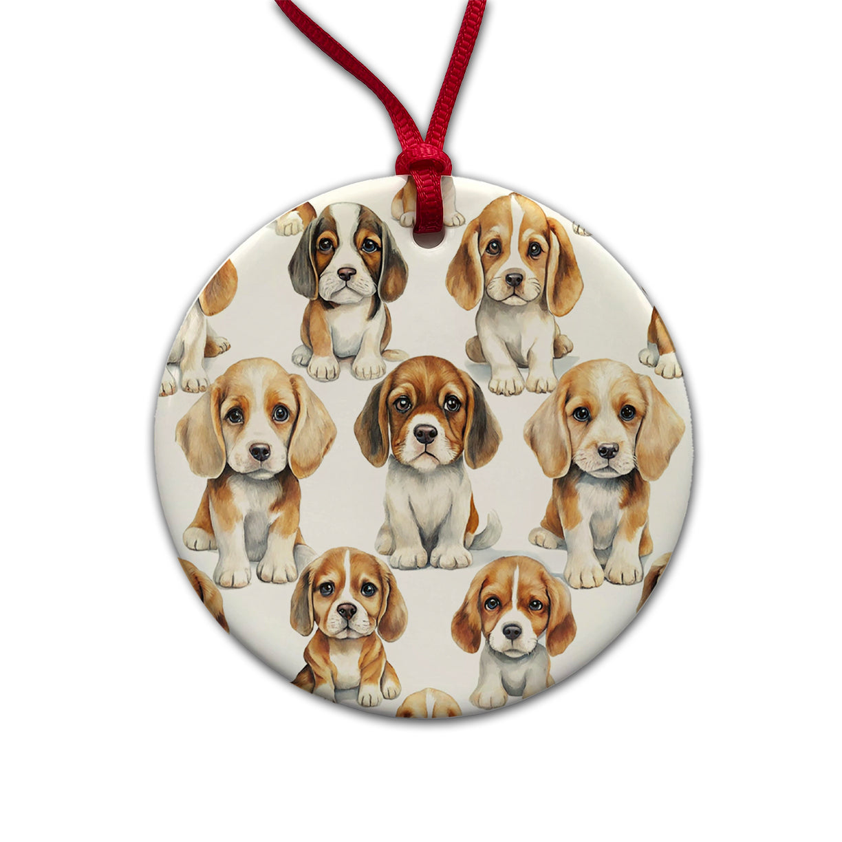 Adorable Puppies Dogs Round Ceramic Holiday Christmas Tree Ornament
