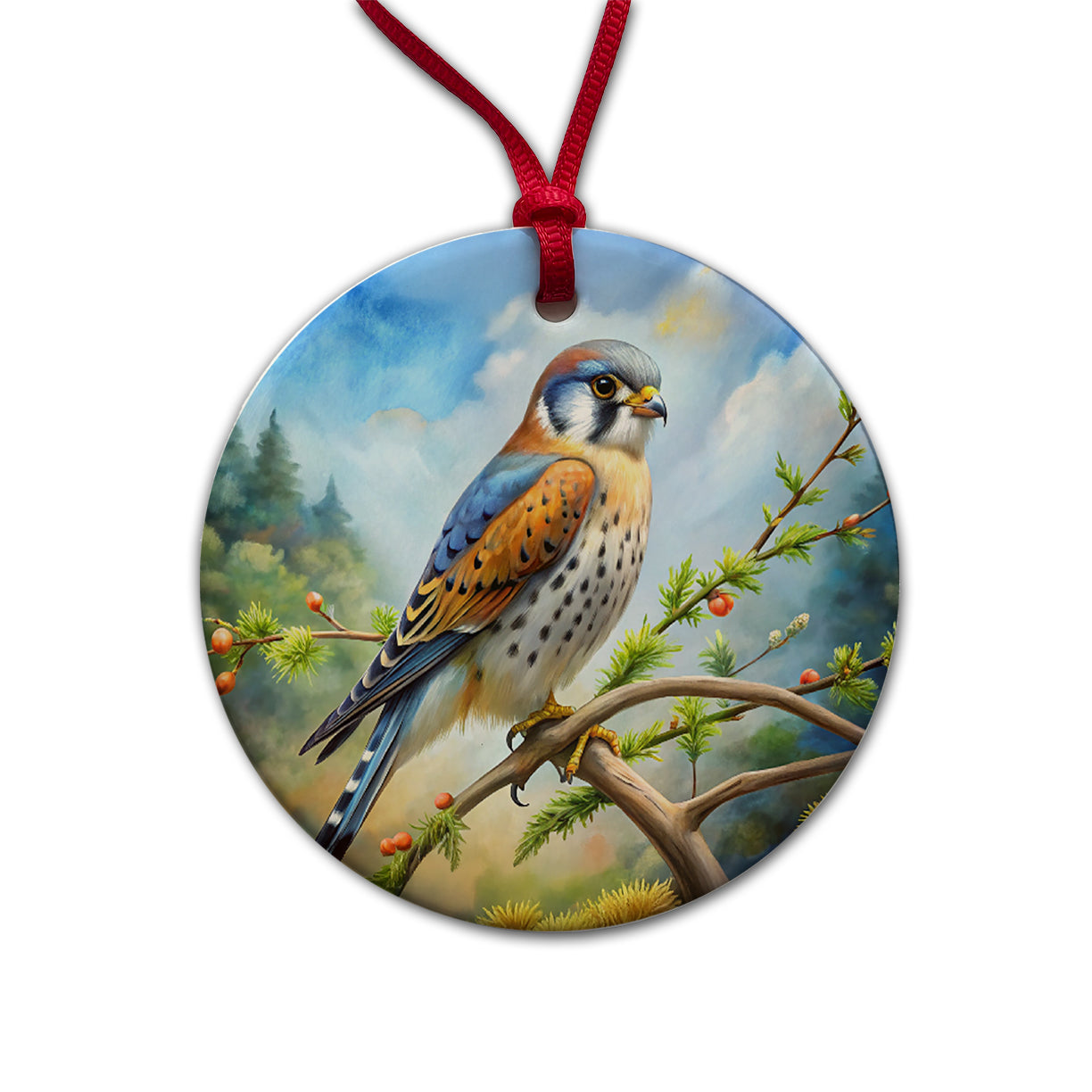 American Kestrel Raptor Bird Of Prey In Tree Scene Watercolor Round Ceramic Holiday Christmas Tree Ornament