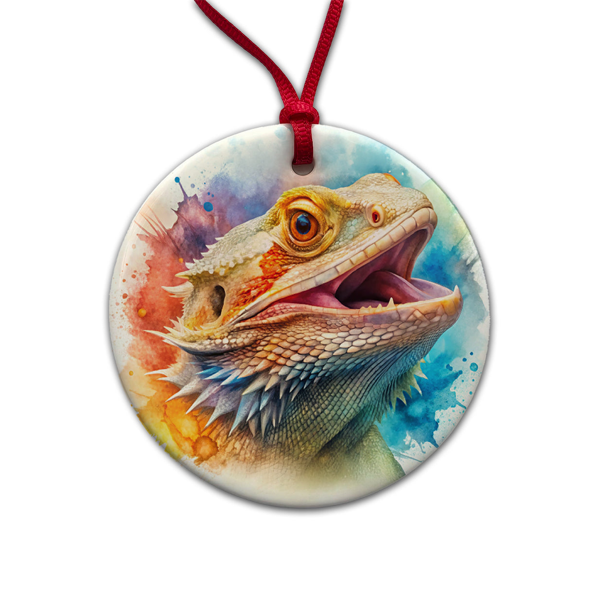 Angry Mad Bearded Dragon Watercolor Round Ceramic Holiday Christmas Tree Ornament
