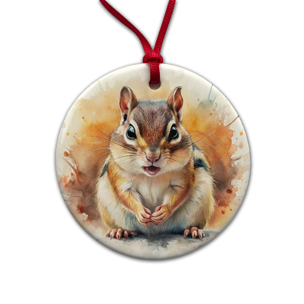 Angry Mad Chipmunk Watercolor Round Ceramic Holiday Christmas Tree Ornament