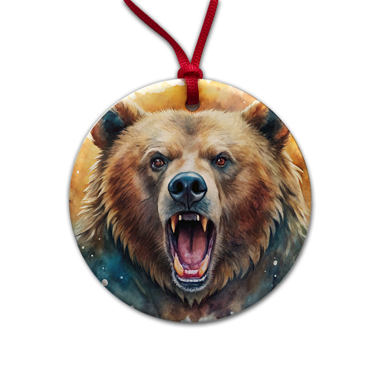 Angry Mad Grizzly Bear Watercolor Round Ceramic Holiday Christmas Tree Ornament