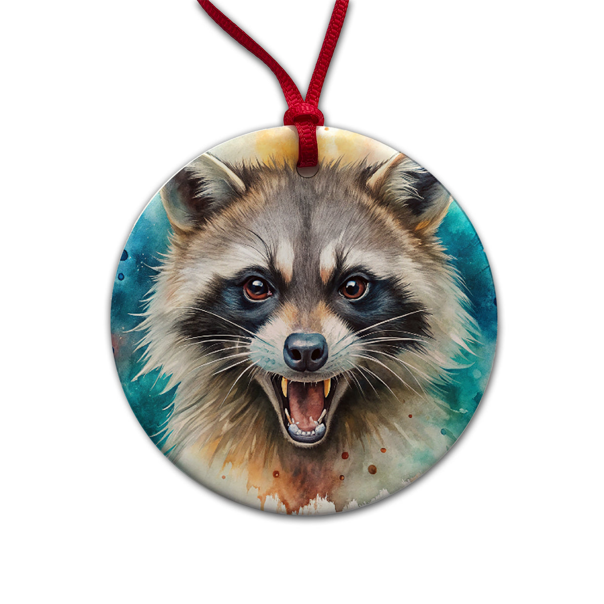 Angry Mad Raccoon Watercolor Round Ceramic Holiday Christmas Tree Ornament