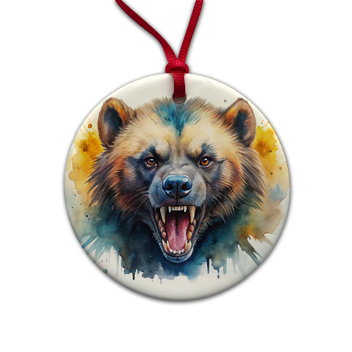 Angry Mad Wolverine Watercolor Round Ceramic Holiday Christmas Tree Ornament