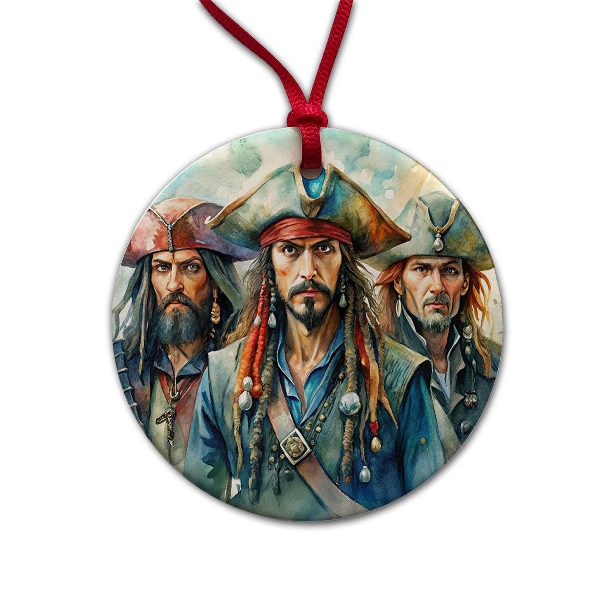 Angry Swashbuckling Pirates Watercolor Round Ceramic Holiday Christmas Tree Ornament