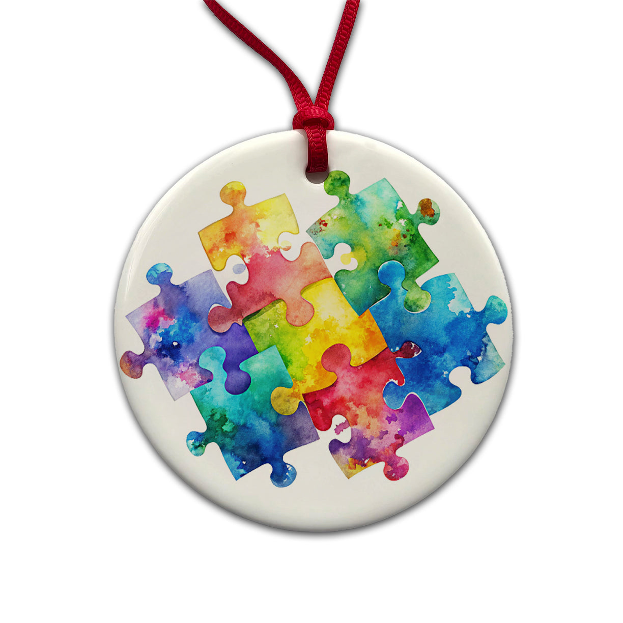 Autism Awareness Acceptance Puzzle Pieces Watercolor Round Ceramic Holiday Christmas Tree Ornament