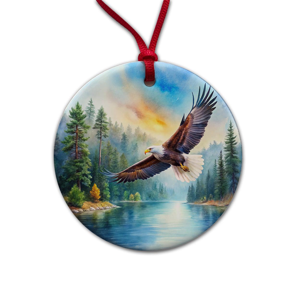 Bald Eagle Flying With Forest Lake Watercolor Round Ceramic Holiday Christmas Tree Ornament