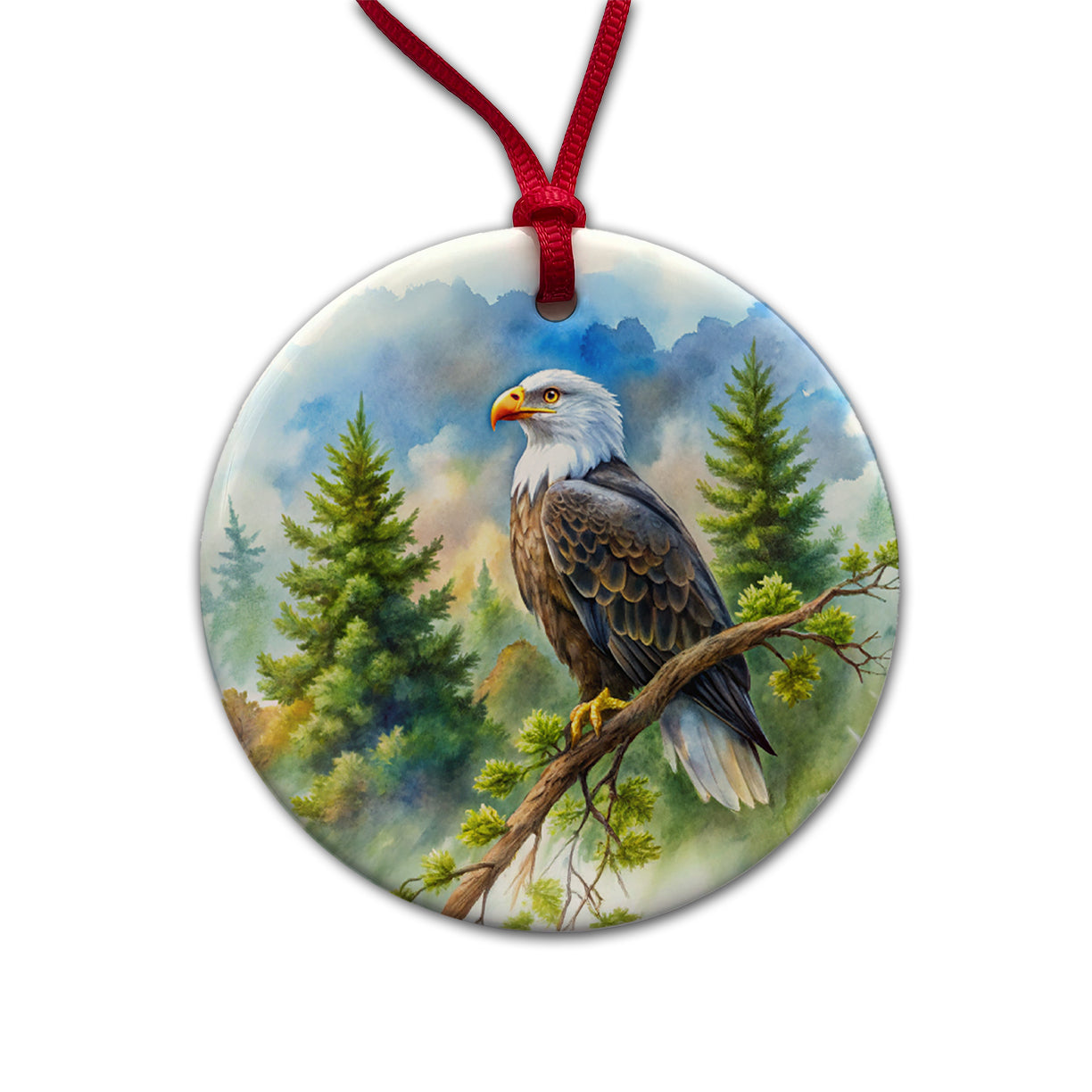 Bald Eagle In Tree Watercolor Round Ceramic Holiday Christmas Tree Ornament