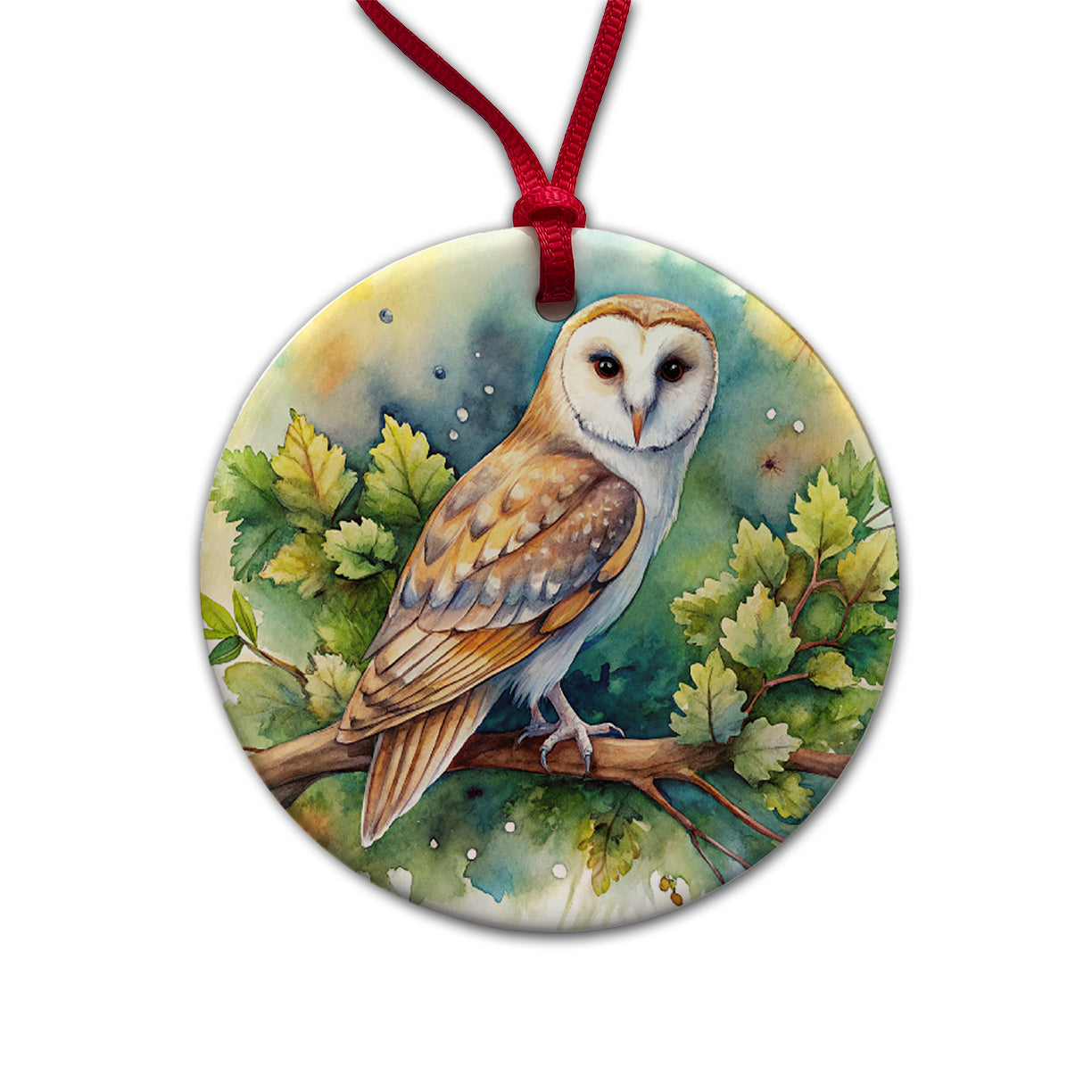 Barn Owl In Tree Watercolor Round Ceramic Holiday Christmas Tree Ornament