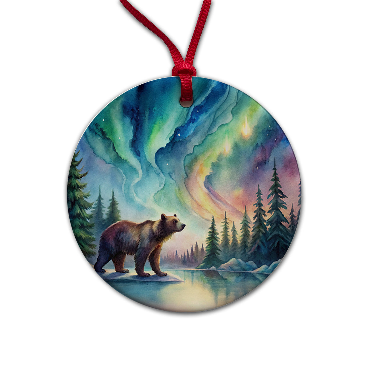 Bear And Northern Lights Watercolor Round Ceramic Holiday Christmas Tree Ornament