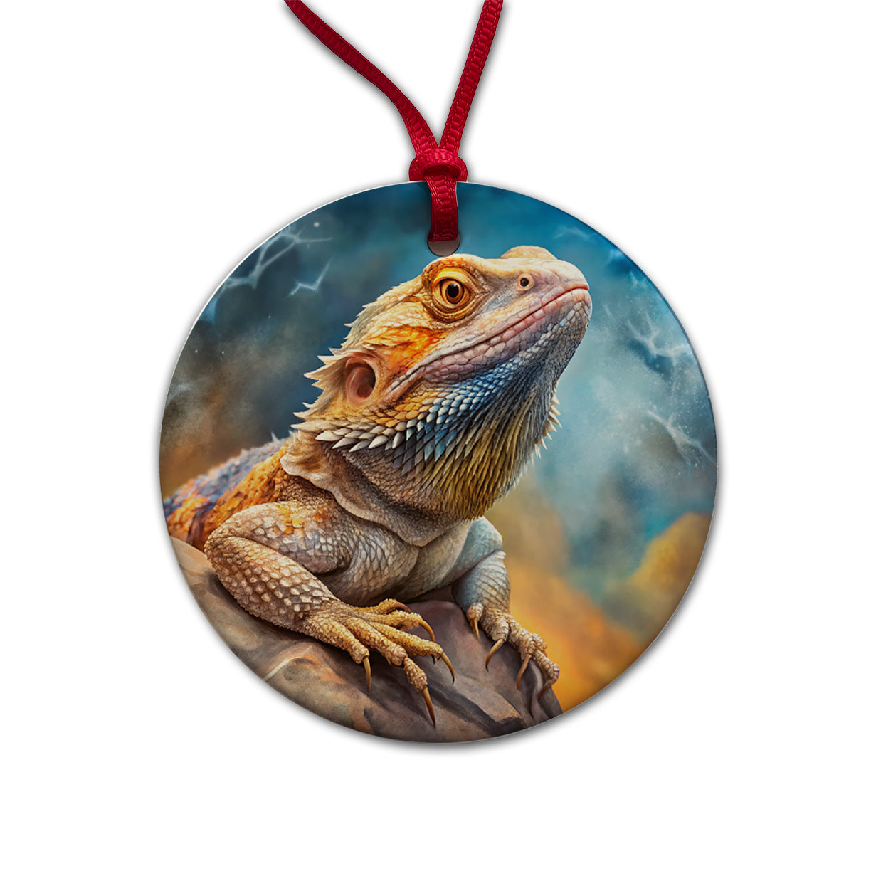 Bearded Dragon Lizard On Rock Stormy Scene Reptile Watercolor Round Ceramic Holiday Christmas Tree Ornament