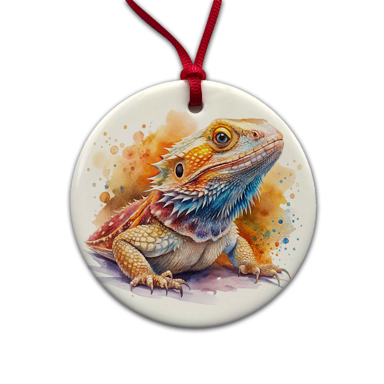 Bearded Dragon Lizard Reptile Watercolor Round Ceramic Holiday Christmas Tree Ornament